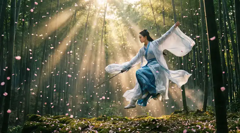 九一视频精彩影片预告片画面，竹林中女侠飞身舞剑